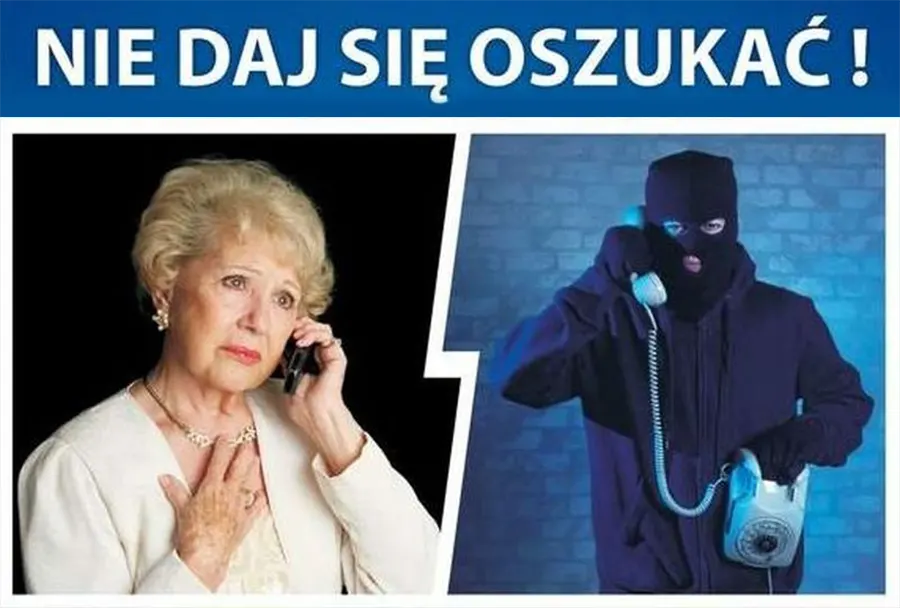 Napis "nie daj się oszukać"> poniżej zdjęcie starszej kobiety i zamaskowanego mężczyzny rozmawiających przez telefon