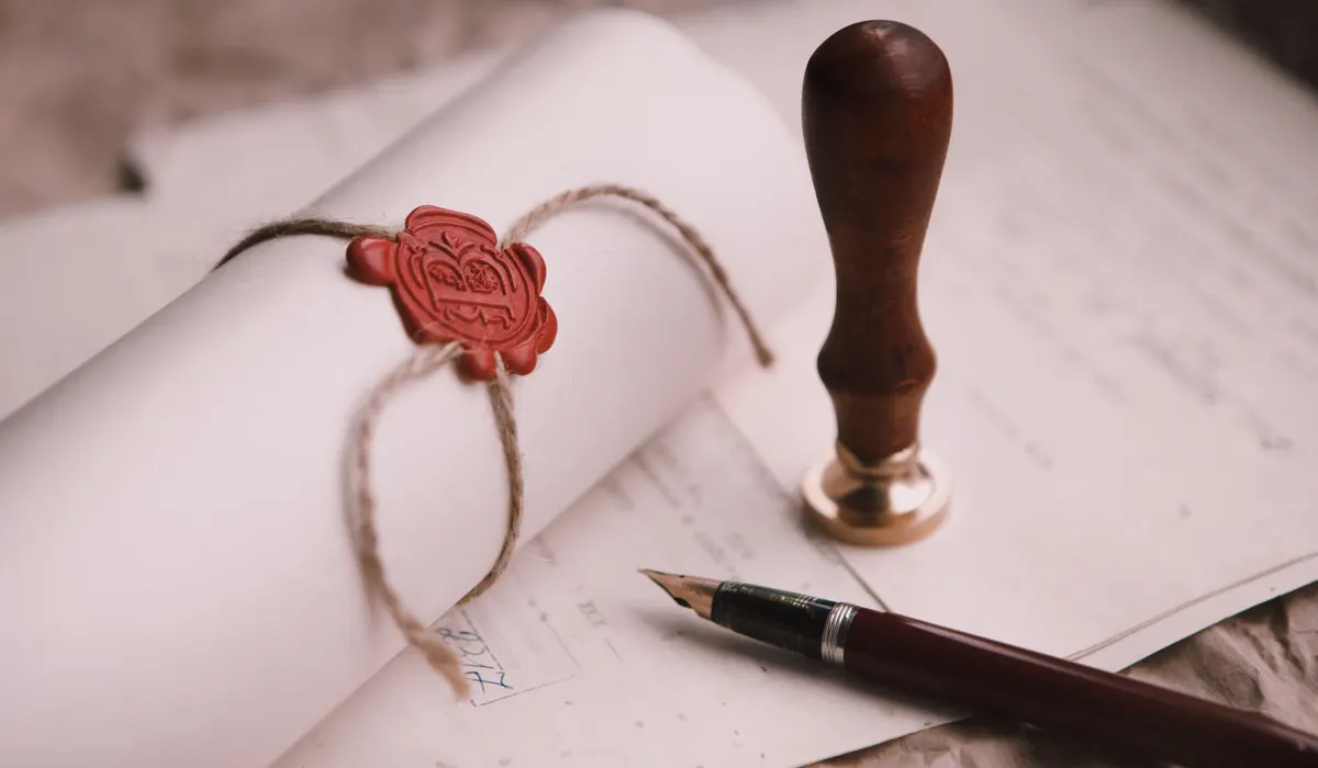 obrazek dekoracyjny - długopis, pieczęć, zwinięta w rulon, zalakowana kartka